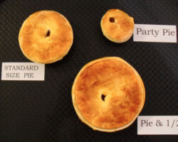 Pies- All flavors in standard size, except for plain pie where we have, Party (small), Standard (medium), Pie &1/2 (Large) and Family (Extra Large)